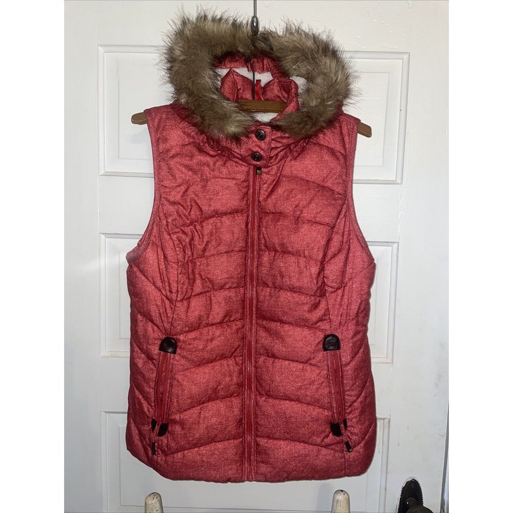 Green Tea Puffer Vest Women's Medium Orange Fleece Lined Hooded Fur